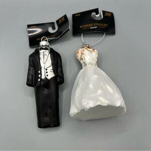 ❤️2 NWT Robert Stanley Glass Christmas Ornament Bride Groom Black White Wedding.